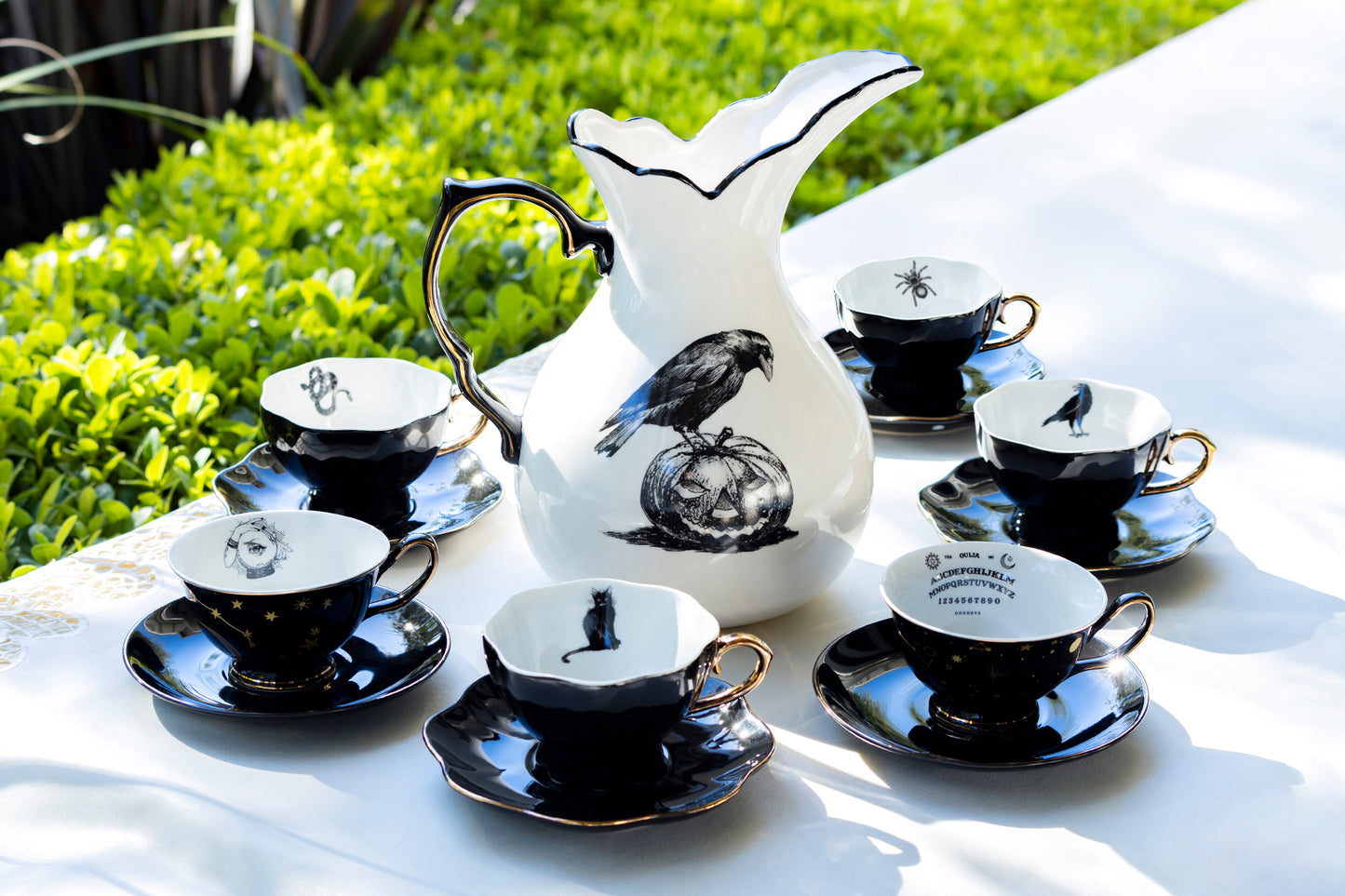 Grace Teaware Potter's Studio Witches Brew Pitcher + 6 Assorted Halloween Tea Cup and Saucer Sets