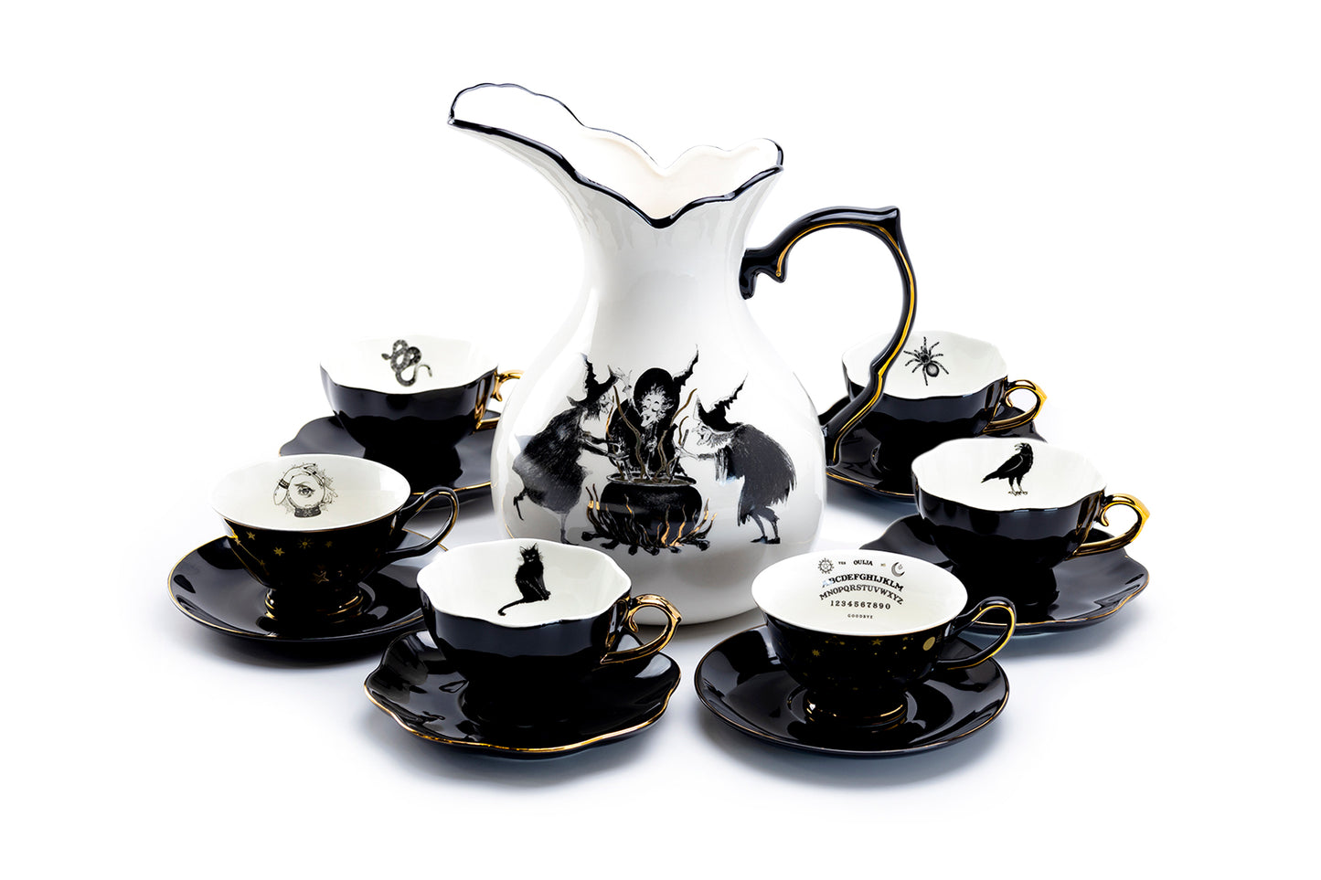 Potter's Studio Witches Brew Pitcher + 6 Assorted Halloween Tea Cup and Saucer Sets - Cat, Raven, Snake, Spider, Ouija, Witchy Crystal Ball tea cups