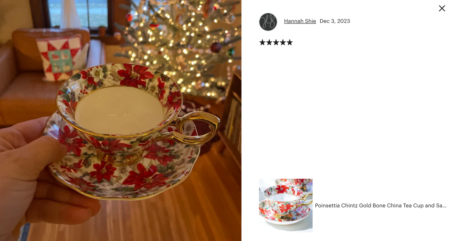 Poinsettia Chintz Gold Bone China Tea Cup and Saucer