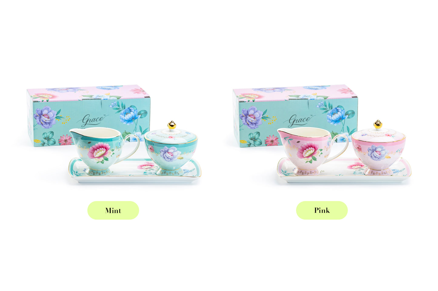 Gift Boxed Pink Flower Garden Fine Porcelain Sugar Creamer & Serving Tray Set