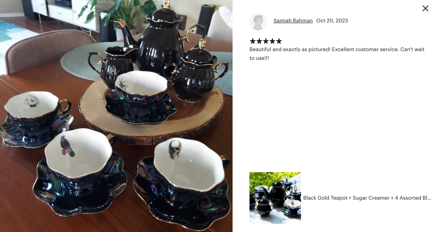 Black Gold Teapot + Sugar Creamer + 4 Assorted Black Gold Luster Tea Cup and Saucer Sets - Spider, Skull, Crow, Witchy Crystal Ball