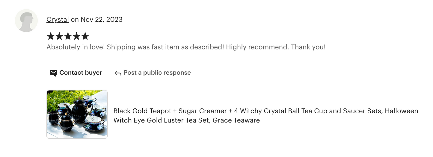 Black Gold Teapot + Sugar Creamer + 4 Witchy Crystal Ball Black Gold Luster Tea Cup and Saucer Sets