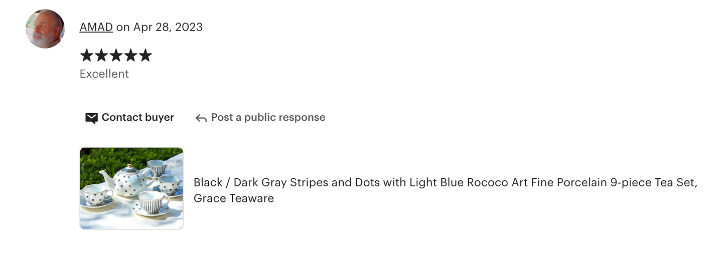 Dark Gray Stripes and Dots with Blue Toile Fine Porcelain Tea Set