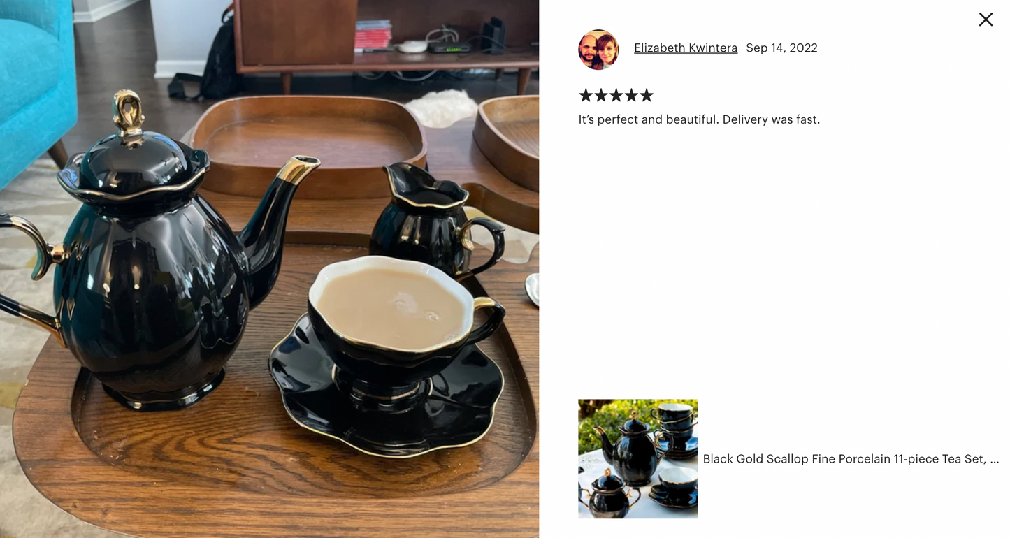 Black Gold Scallop Fine Porcelain 11-Piece Tea Set