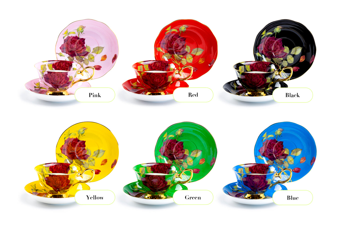 Gold Pink Stem Rose Bone China Tea Cup and Saucer