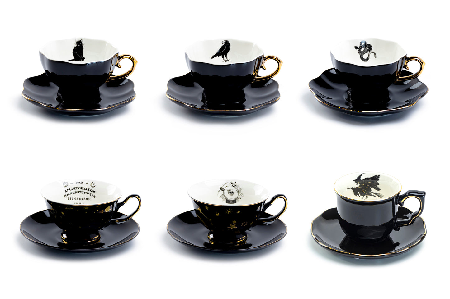 Grace Teaware Potter's Studio Halloween Tea Cups black cat raven crow snake ouija witchy crystal ball flying witch tea cups