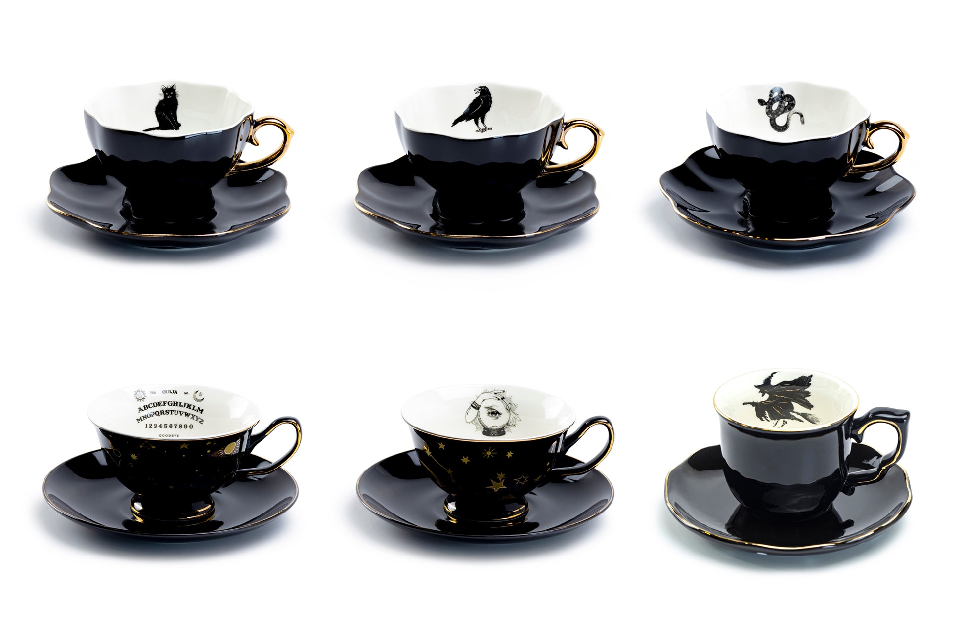 Grace Teaware Potter's Studio Halloween Tea Cups black cat raven crow snake ouija witchy crystal ball flying witch tea cups