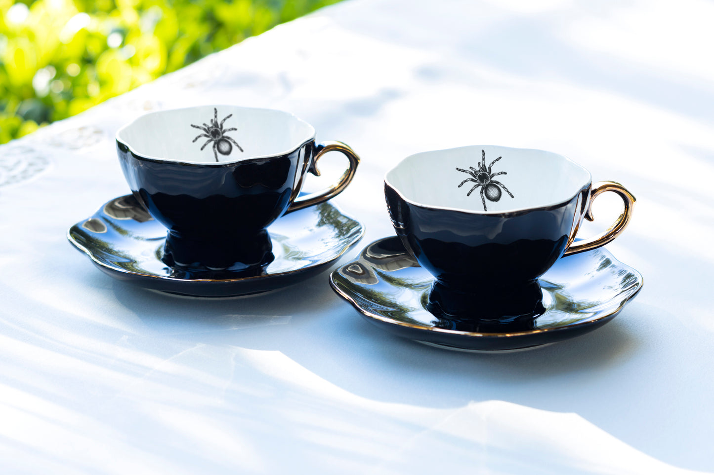 Grace Teaware Spider Black Gold Tea Cup and Saucer set of 2 gothic spider tea cup