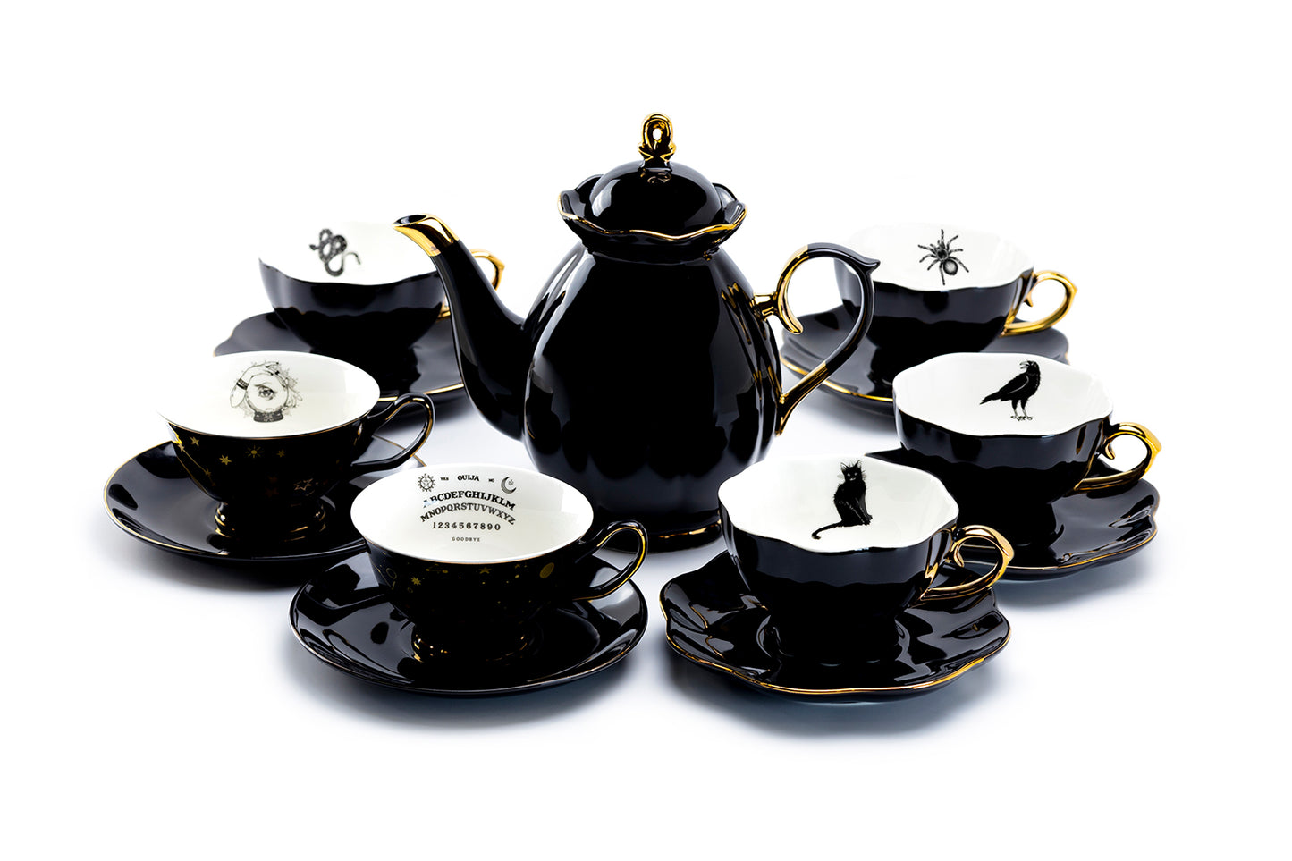 Black Gold Scallop Teapot + 6 Assorted Halloween Tea Cup and Saucer Sets - Ver. B