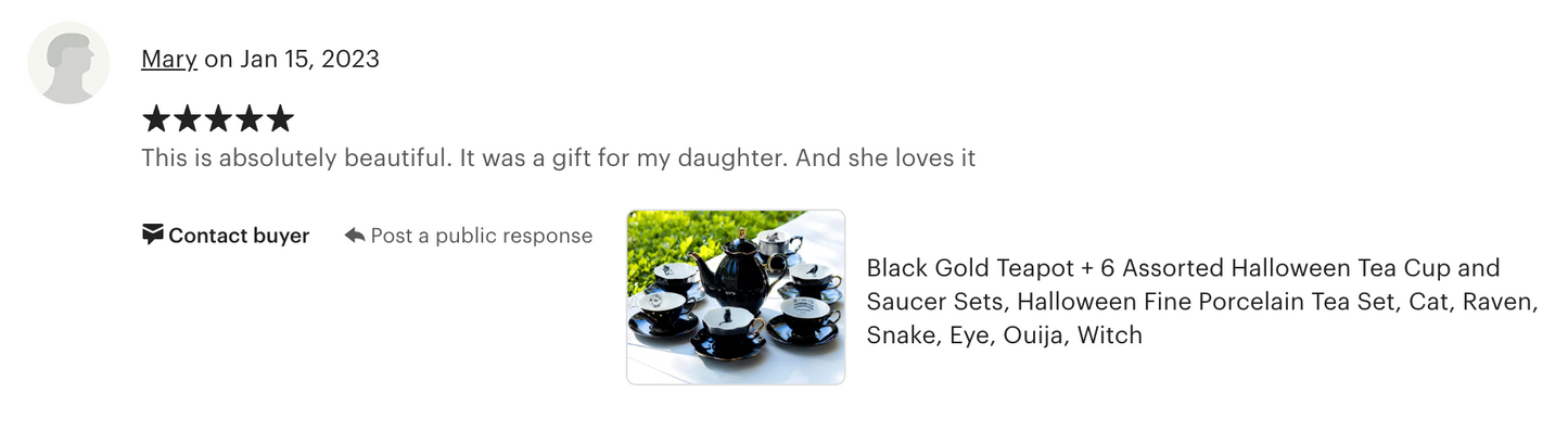 Black Gold Scallop Teapot + 6 Assorted Halloween Tea Cup and Saucer Sets - Ver. A