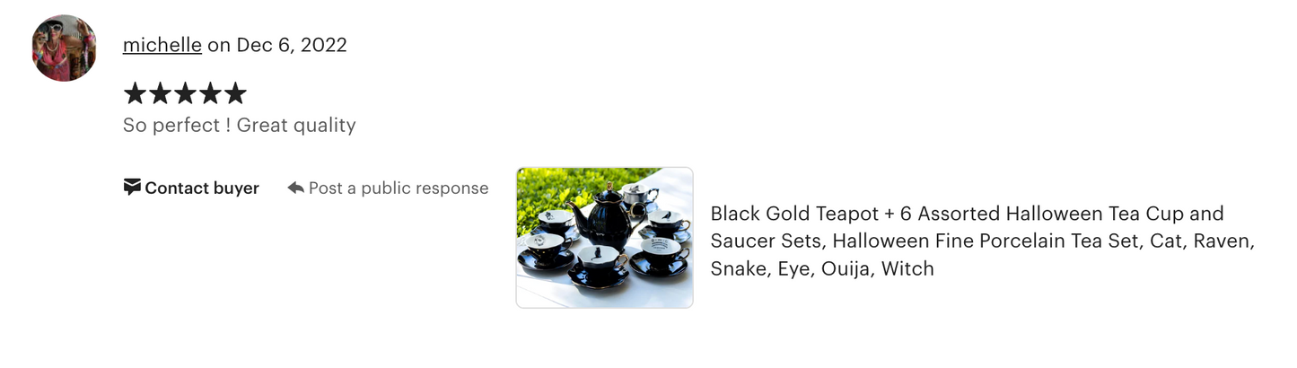 Black Gold Scallop Teapot + 6 Assorted Halloween Tea Cup and Saucer Sets - Ver. A