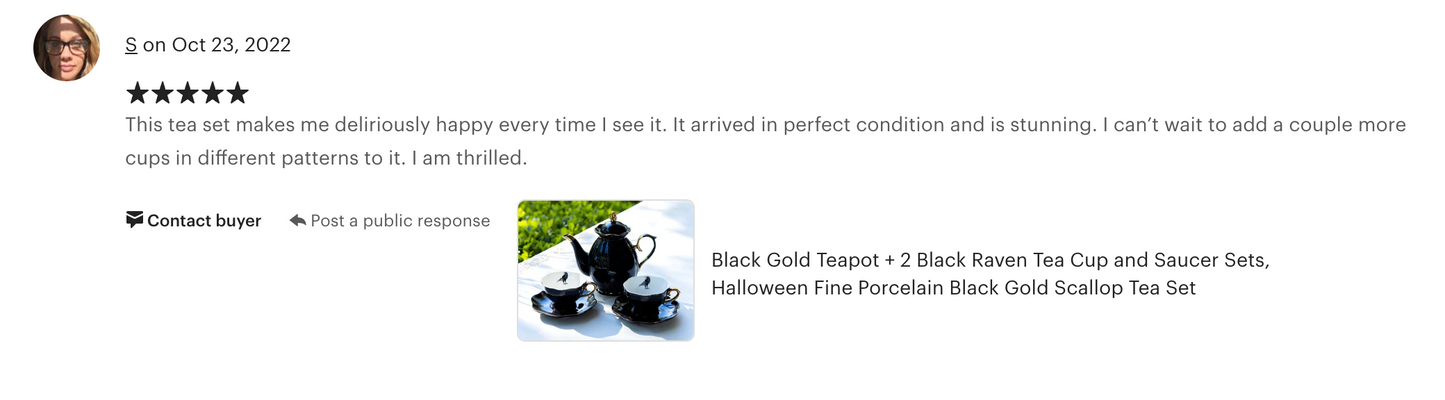 Black Gold Scallop Teapot + Raven Tea Cup and Saucer Sets