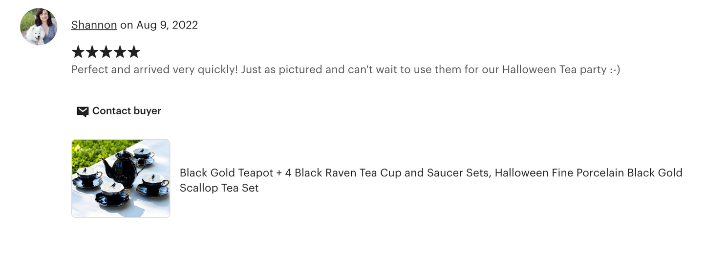 Black Gold Scallop Teapot + Raven Tea Cup and Saucer Sets
