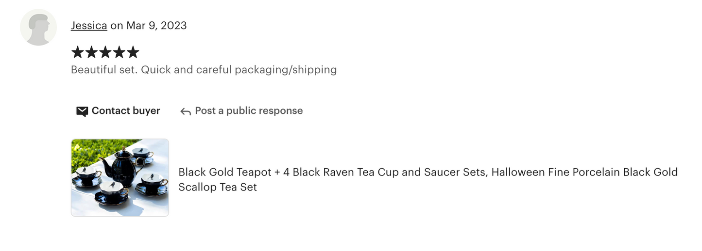 Black Gold Scallop Teapot + Raven Tea Cup and Saucer Sets