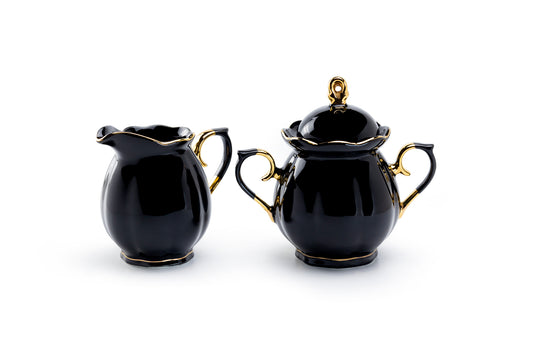 Grace Teaware Black Gold Scallop Fine Porcelain Sugar & Creamer Set