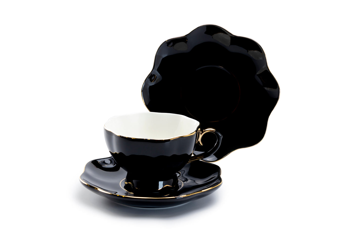 Grace Teaware Black Gold Scallop Fine Porcelain Tea Cup and Saucer Set