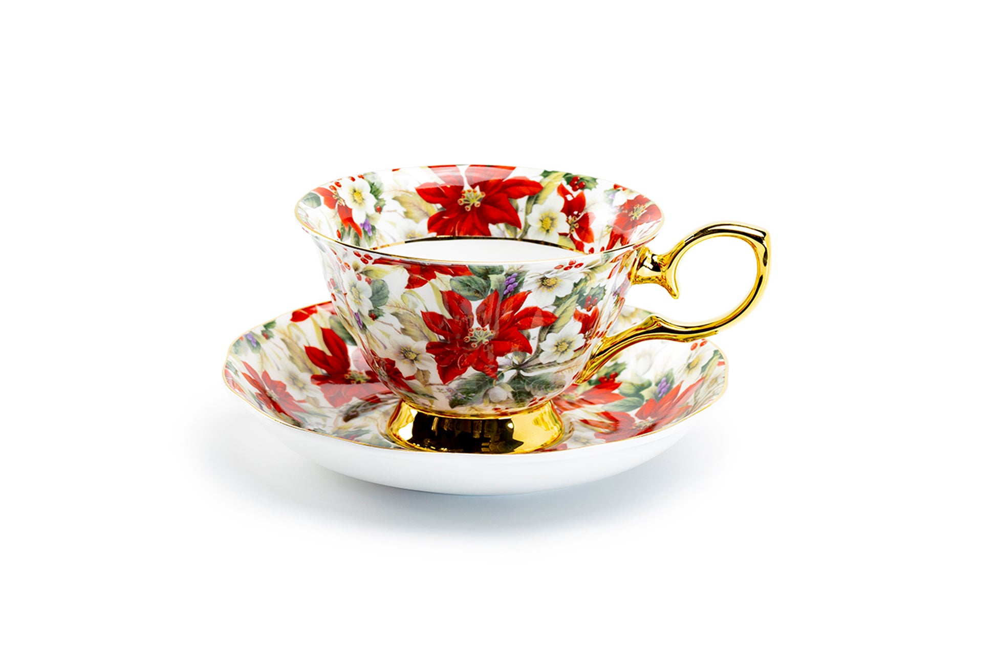 Stechcol Gracie Bone China Poinsettia Chintz Gold Bone China Tea Cup and Saucer