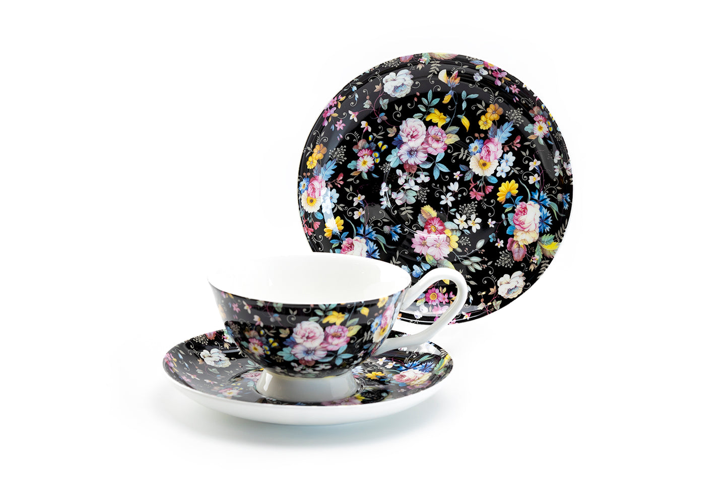 Stechol Gracie Bone China Petite Rose Black Bone China Cup and Saucer Set