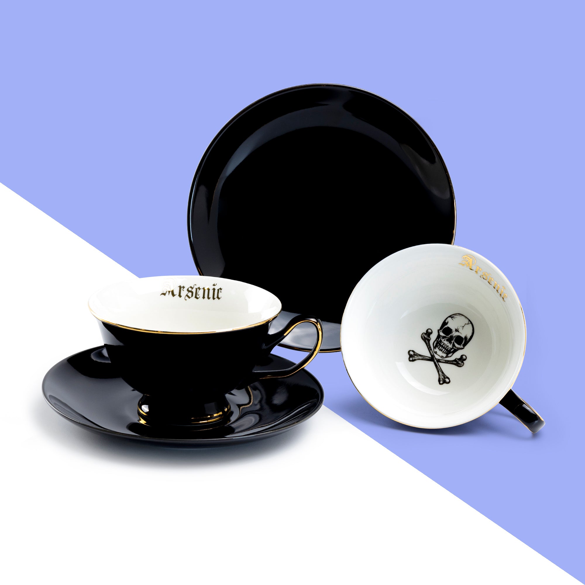 Grace Teaware Halloween Arsenic Skull Black Gold Tea Cup and Saucer