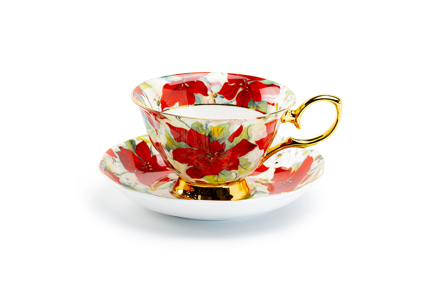 Stechcol Gracie Bone China Poinsettia Gold Bone China Tea Cup and Saucer