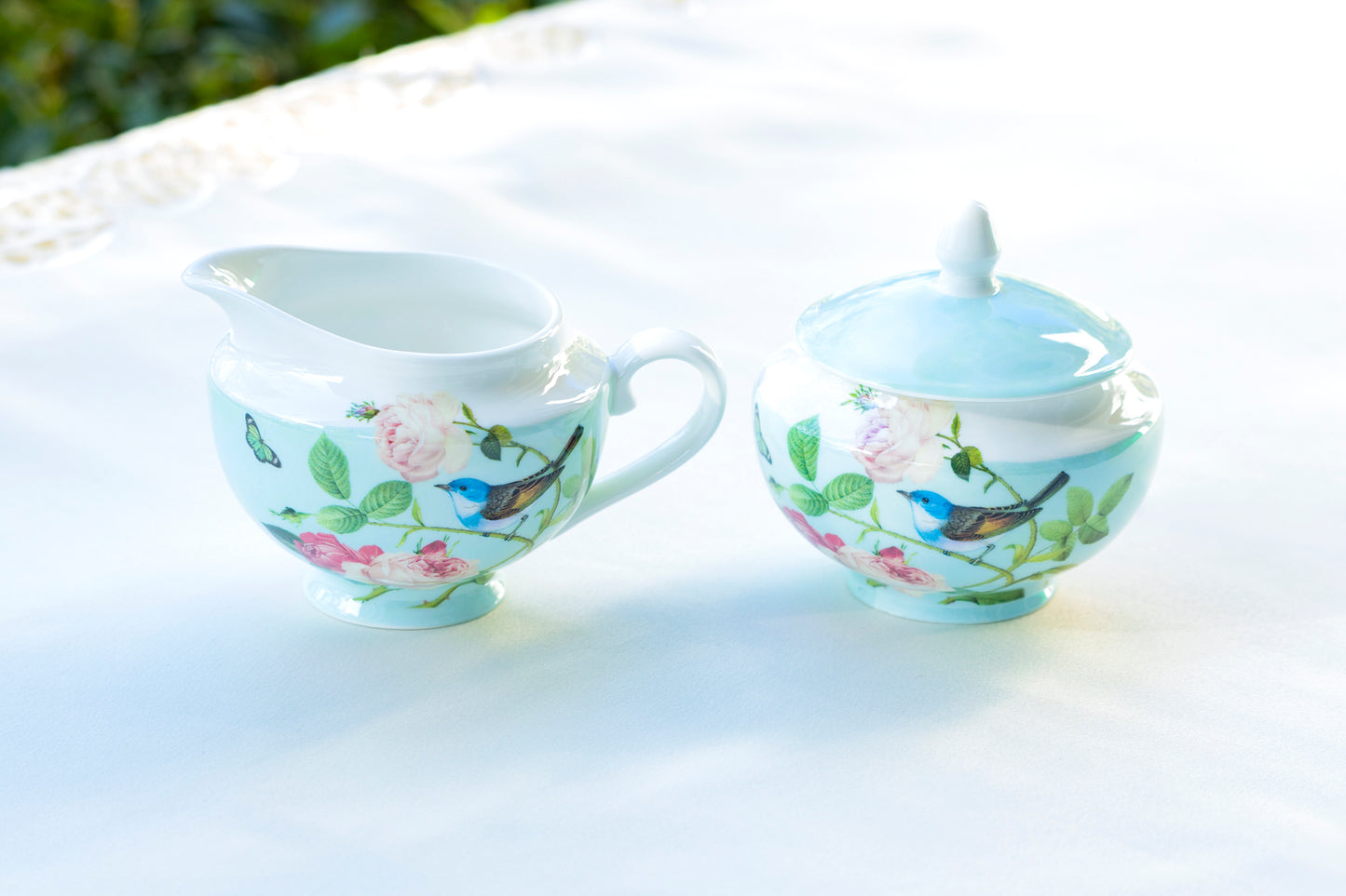 Stechcol Gracie Bone China Blue Jay Bone China Sugar Bowl and Creamer