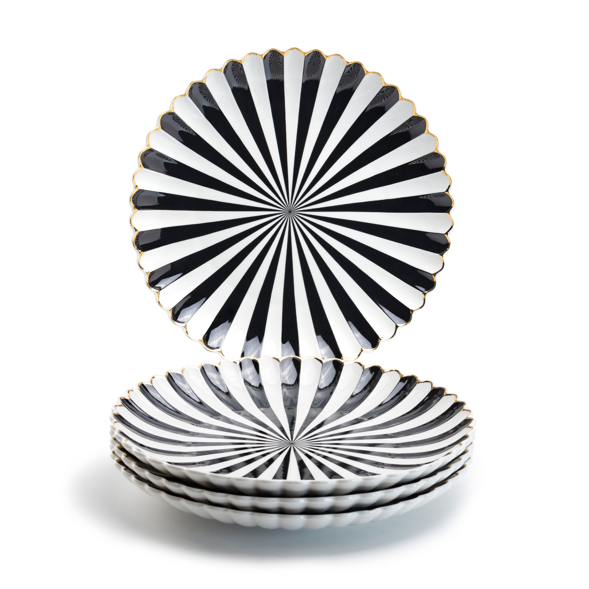 Grace Teaware Black and White Scallop Fine Porcelain Dinner Plate Set of 4