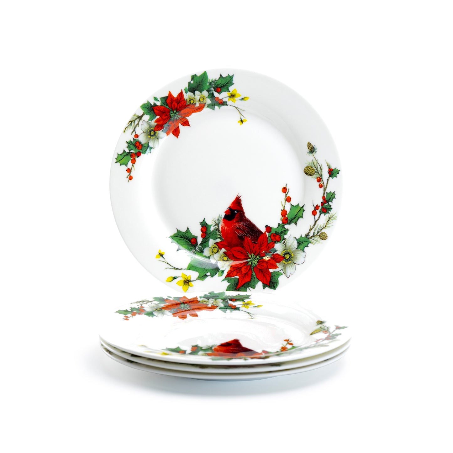 Stechcol Gracie Bone China 7.5" Cardinal Poinsettia Bone China Dessert Plate Set of 4