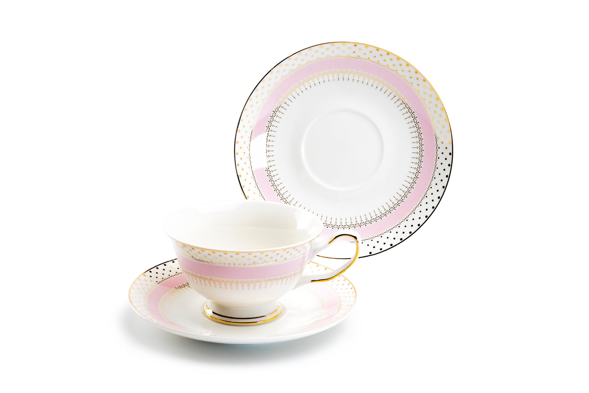 Grace Teaware Pink Stripe with Gold Dots Fine Porcelain Tea Cup and Saucer Set