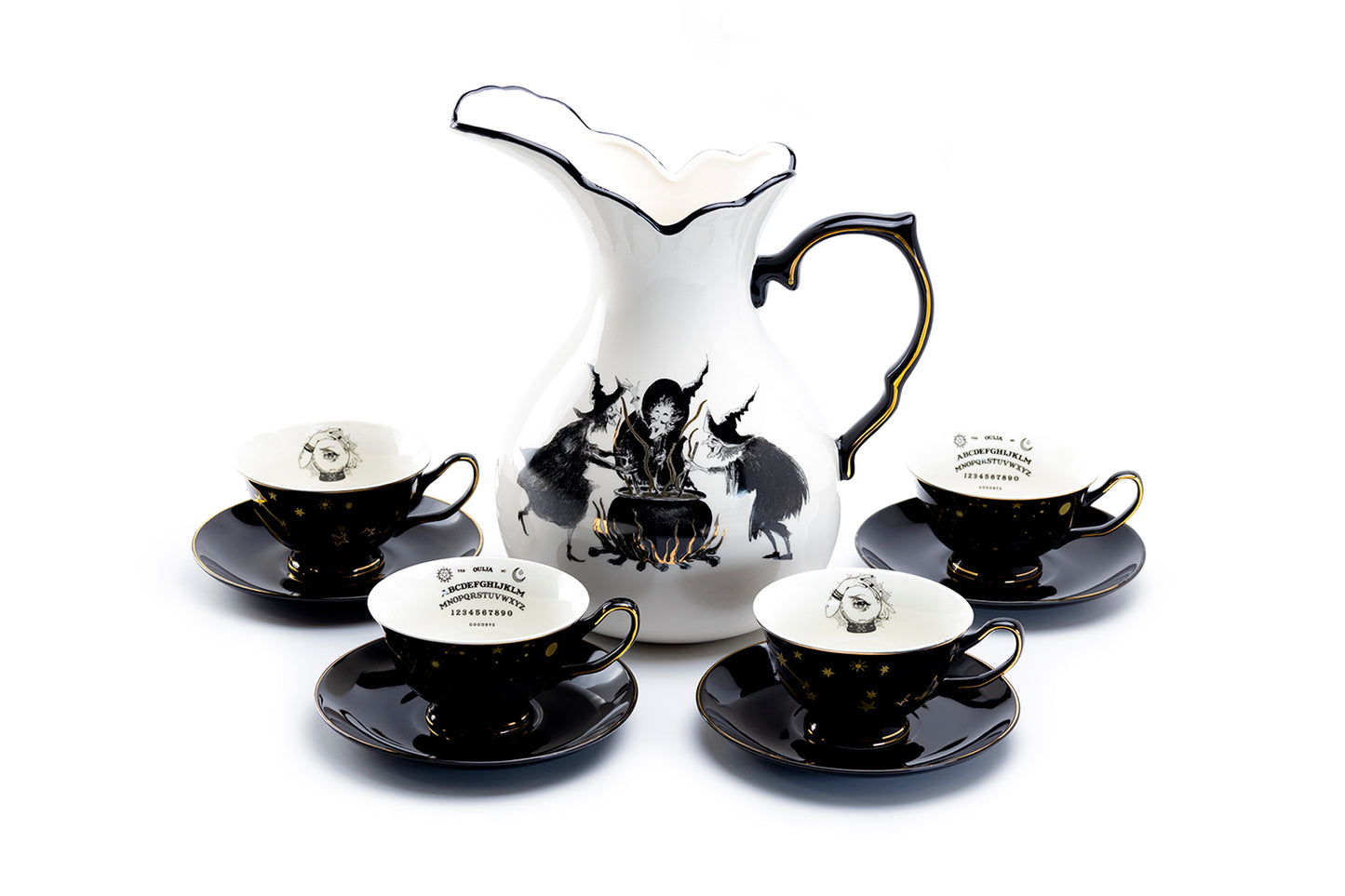 Potter's Studio Witches Brew Pitcher + 4 Assorted Halloween Tea Cup and Saucer Sets - Ouija & Witchy Crystal Ball