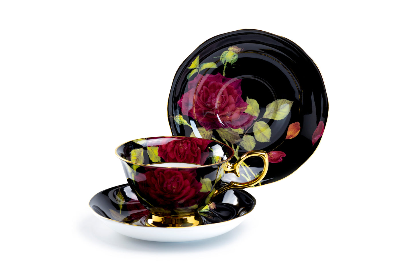 Stechcol Gracie Bone China Gold Black Stem Rose Bone China Tea Cup and Saucer Set