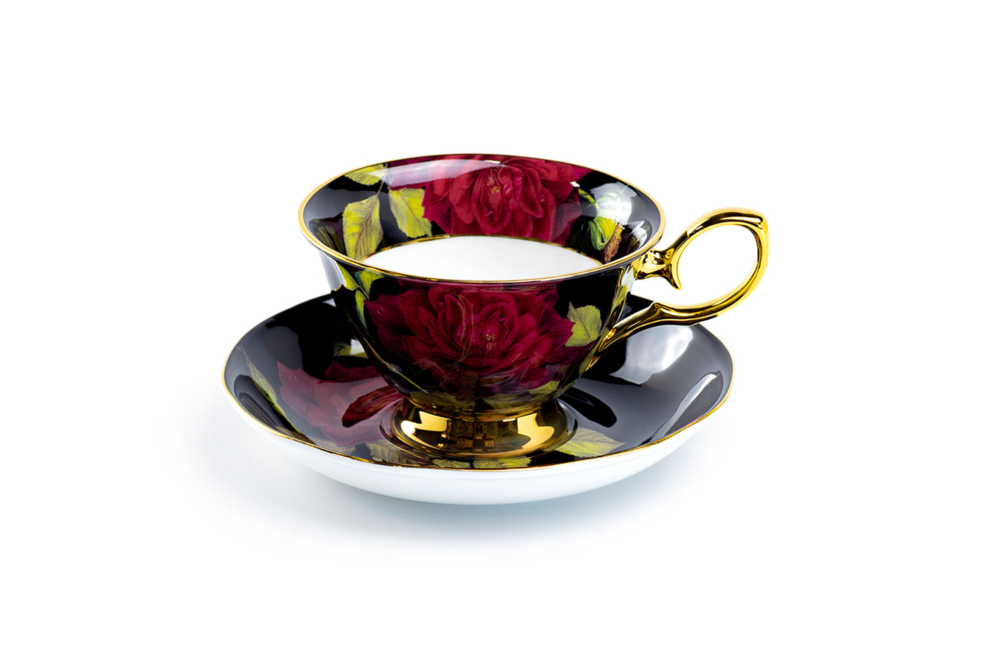 Stechcol Gracie Bone China Gold Black Stem Rose Bone China Tea Cup and Saucer