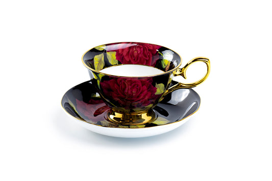 Stechcol Gracie Bone China Gold Black Stem Rose Bone China Tea Cup and Saucer