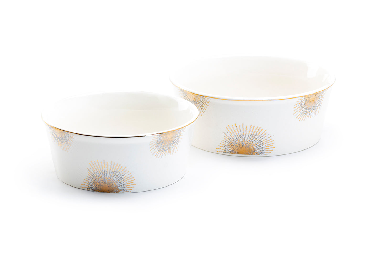 Silver Gold Sunburst Fine Porcelain Pet Bowl - 2 Sizes Available