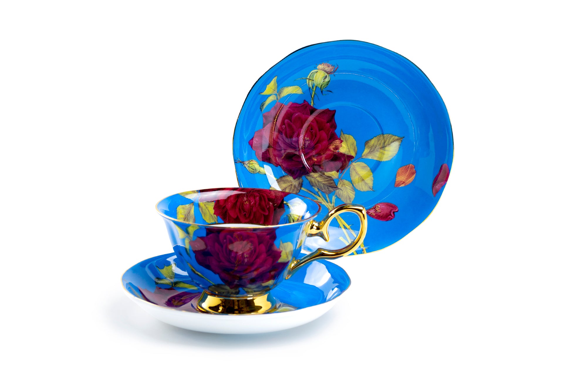 Stechcol Gracie Bone China Gold Blue Stem Rose Bone China Tea Cup and Saucer Set