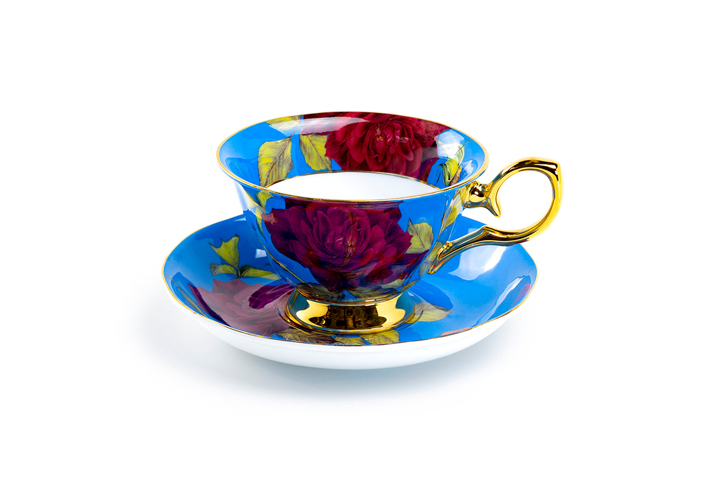 Stechcol Gracie Bone China Gold Blue Stem Rose Bone China Tea Cup and Saucer