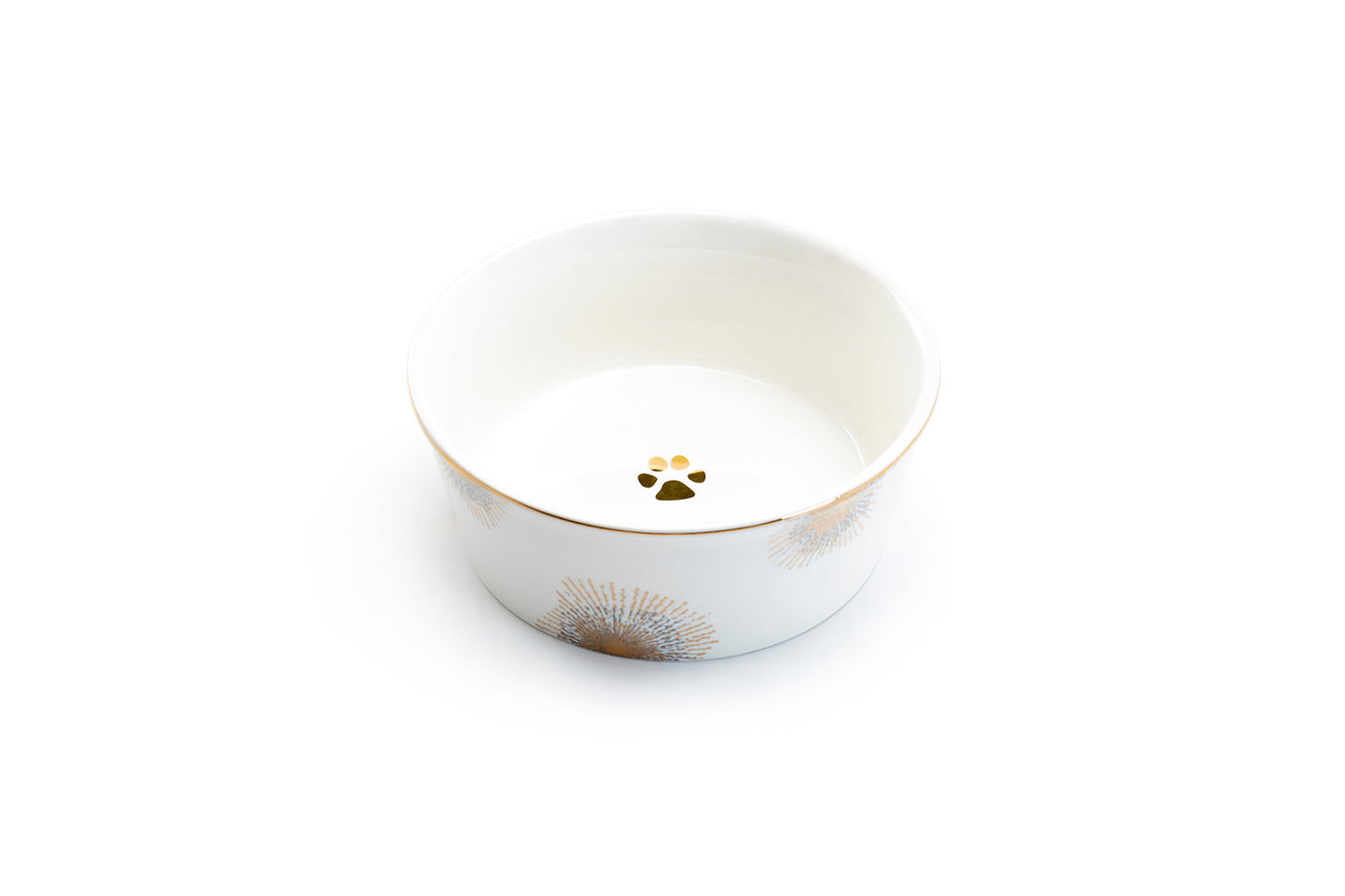 Silver Gold Sunburst Fine Porcelain Pet Bowl - 2 Sizes Available