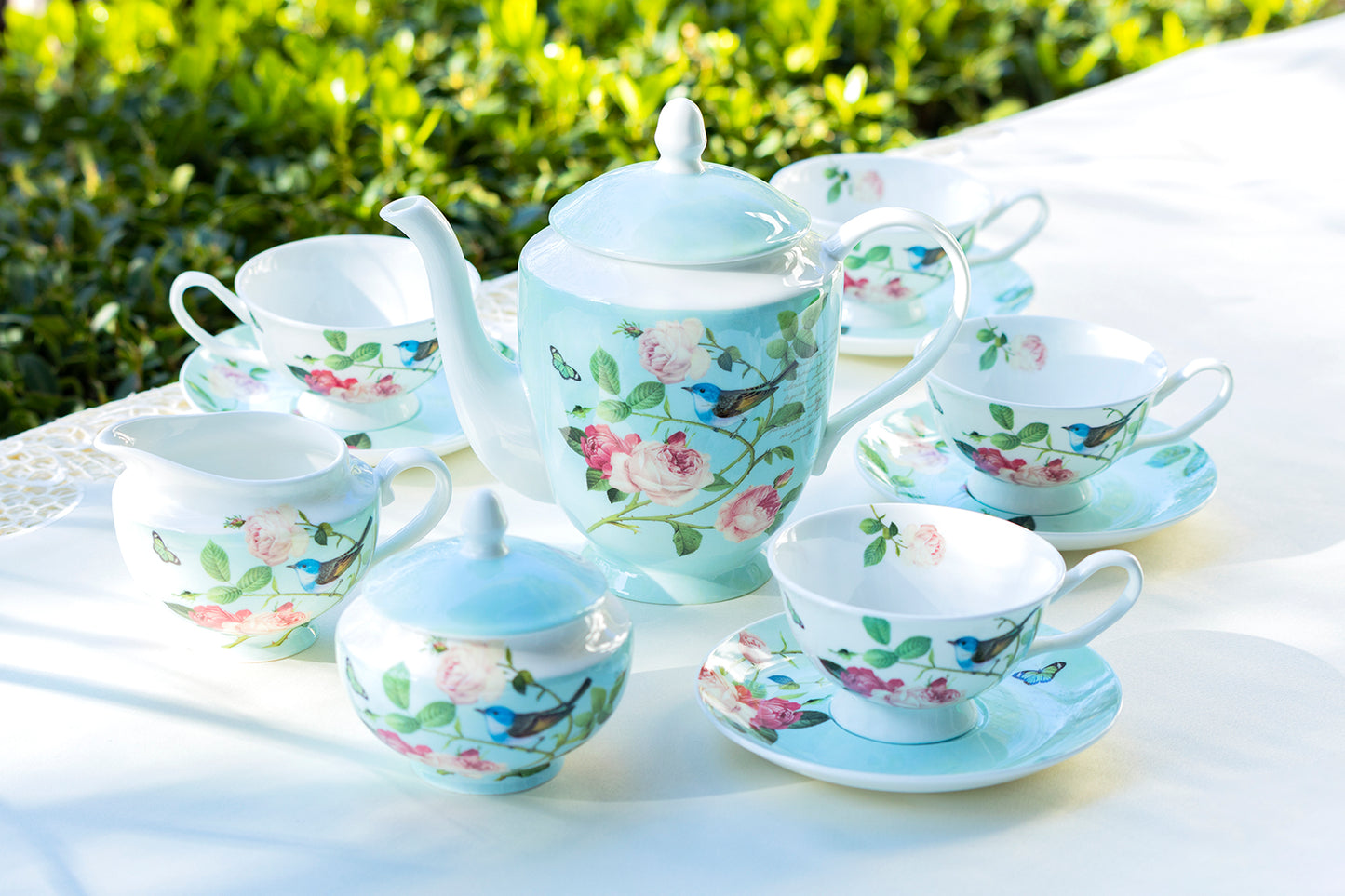 Stechcol Gracie Bone China Blue Jay Bone China 11-Piece Tea Set