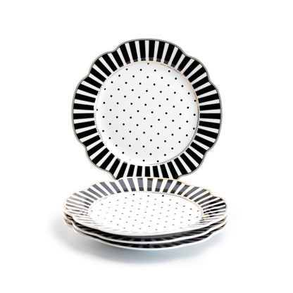 Grace Teaware 9.25" Black Josephine Stripes and Dots Fine Porcelain Dessert Plate Set of 4