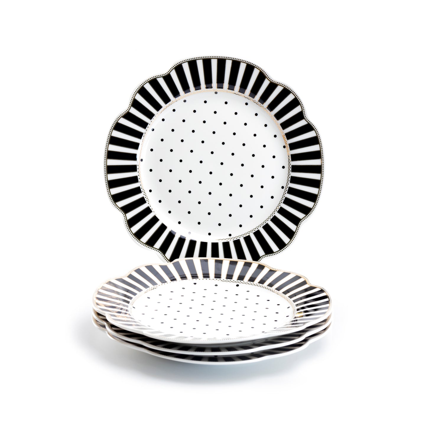 Grace Teaware 9.25" Black Josephine Stripes and Dots Fine Porcelain Dessert Plate Set of 4
