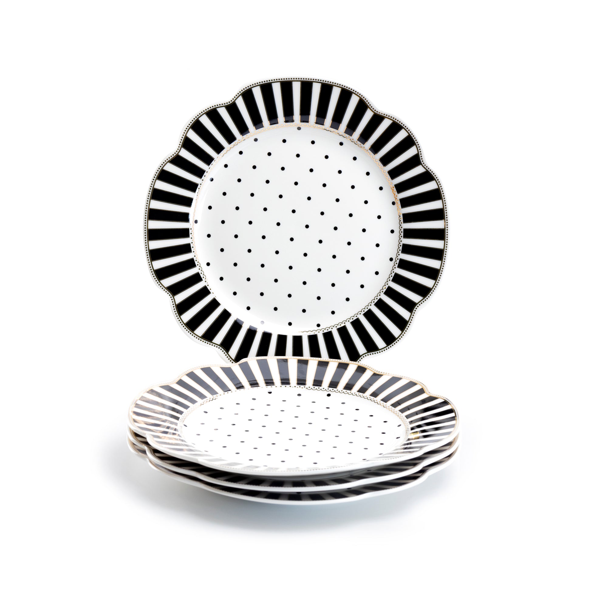 Grace Teaware 9.25" Black Josephine Stripes and Dots Fine Porcelain Dessert Plate Set of 4