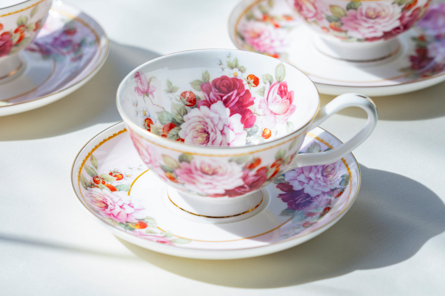 peony rose strawberry bone china tea cup and saucer
