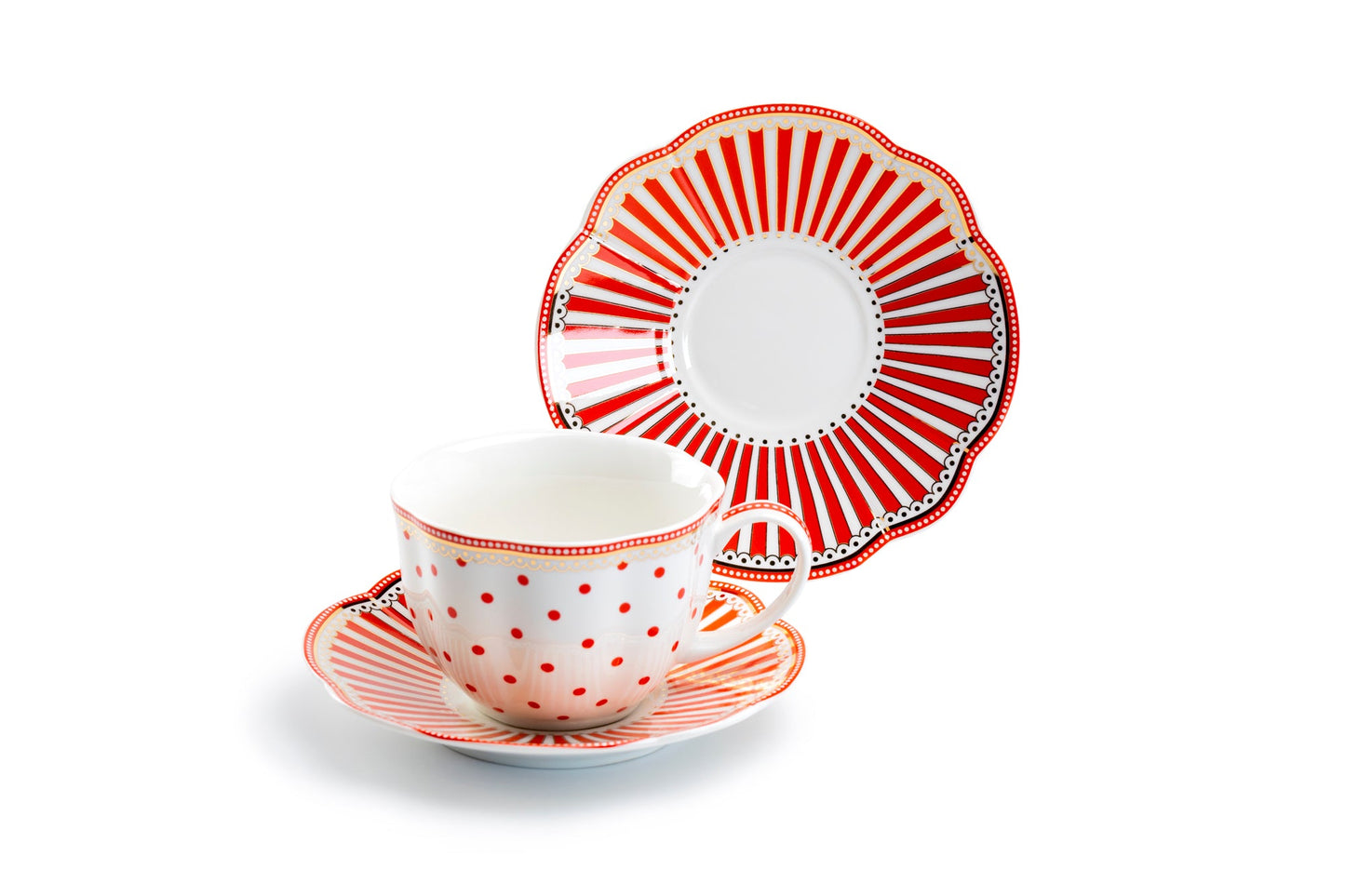 Red Josephine Stripes and Dots Fine Porcelain Cup and Saucer Sets