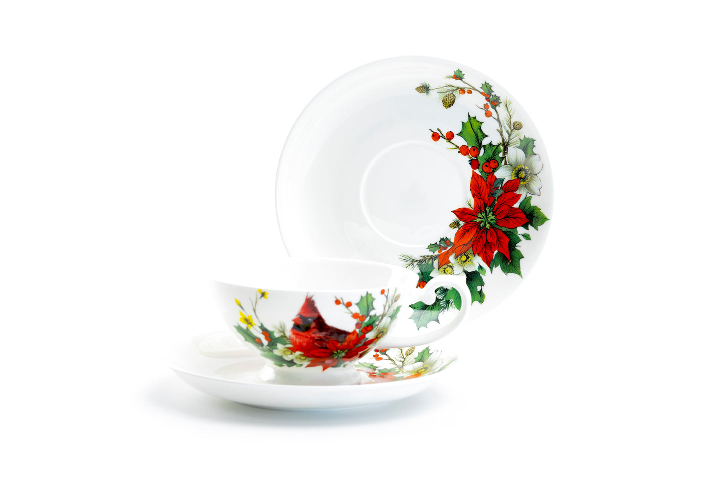 Stechcol Gracie Bone China Cardinal Poinsettia Bone China Cup and Saucer Set