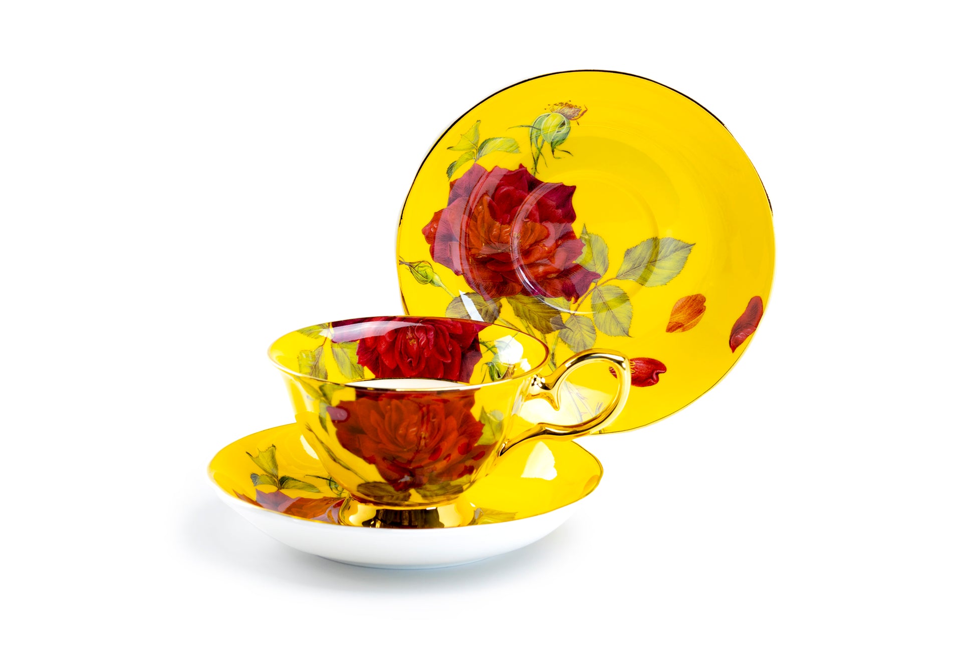 Stechcol Gracie Bone China Gold Yellow Stem Rose Bone China Tea Cup and Saucer Set