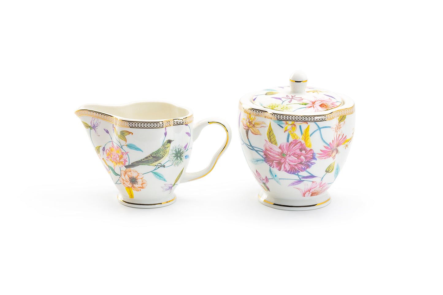 Grace Teaware Spring Flowers with Bird Fine Porcelain Sugar & Creamer Set