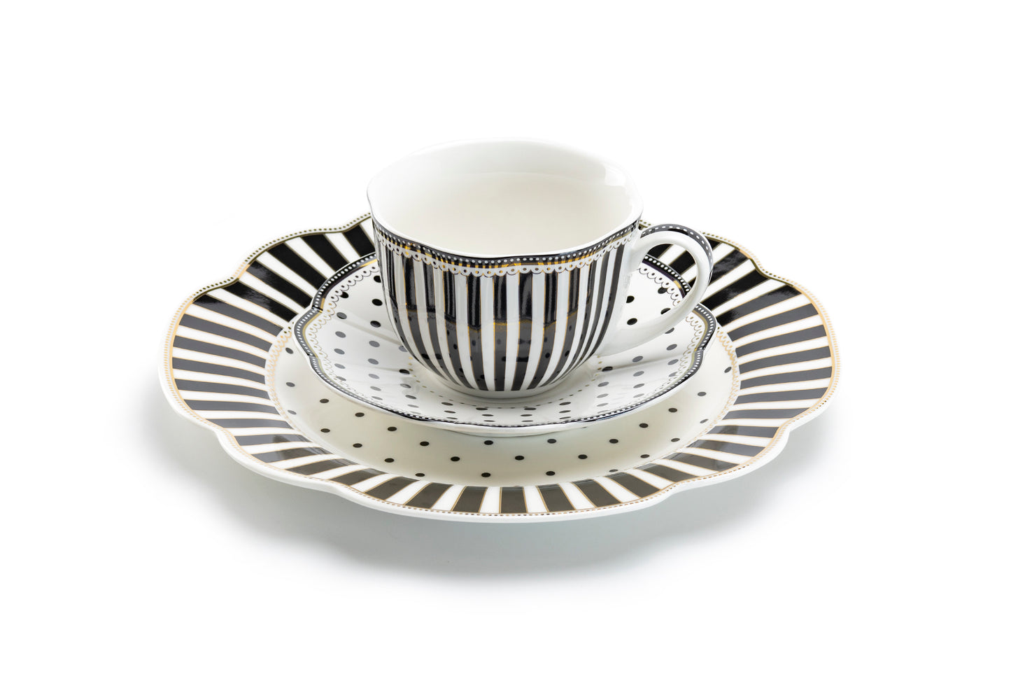 Black Josephine Stripes and Dots Fine Porcelain Cup and Saucer Sets