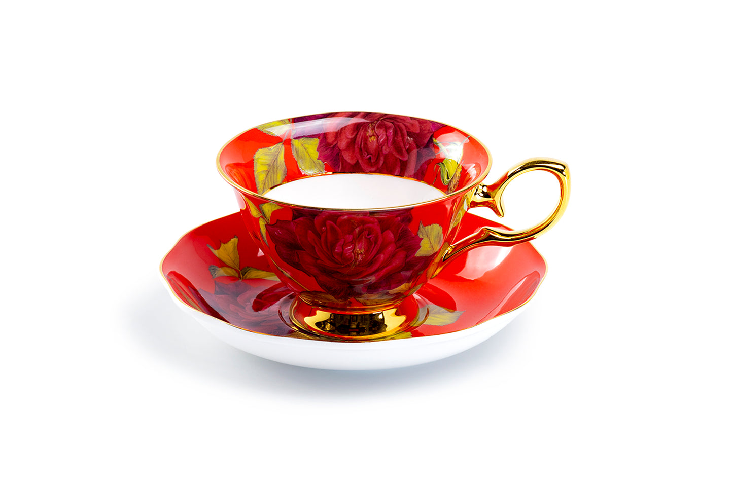 Stechcol Gracie Bone China Gold Red Stem Rose Bone China Tea Cup and Saucer