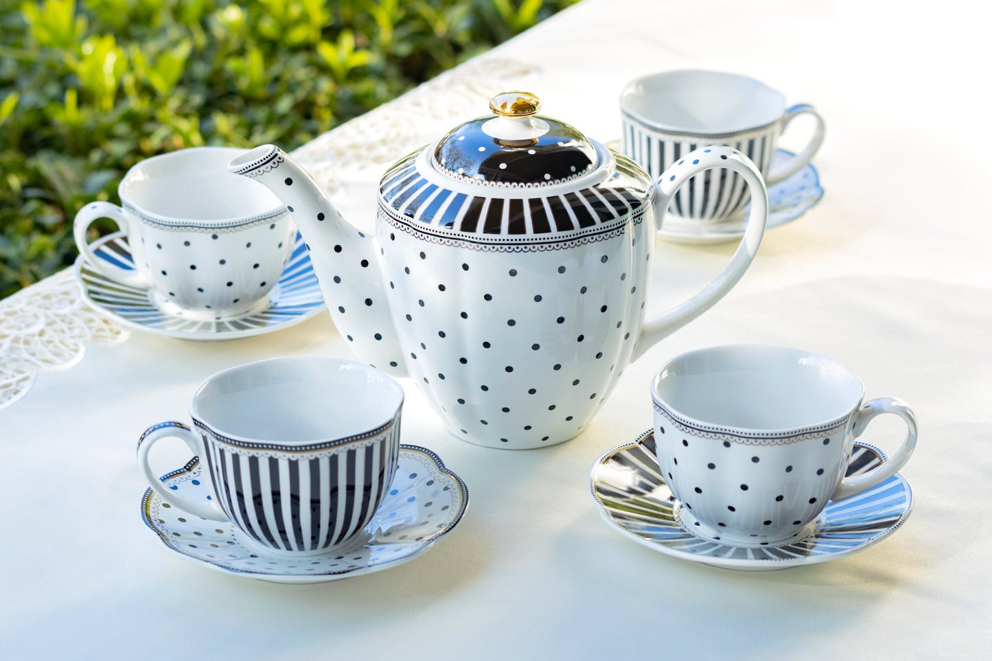 Grace Teaware Black Josephine Stripes and Dots Fine Porcelain 9-piece Tea Set
