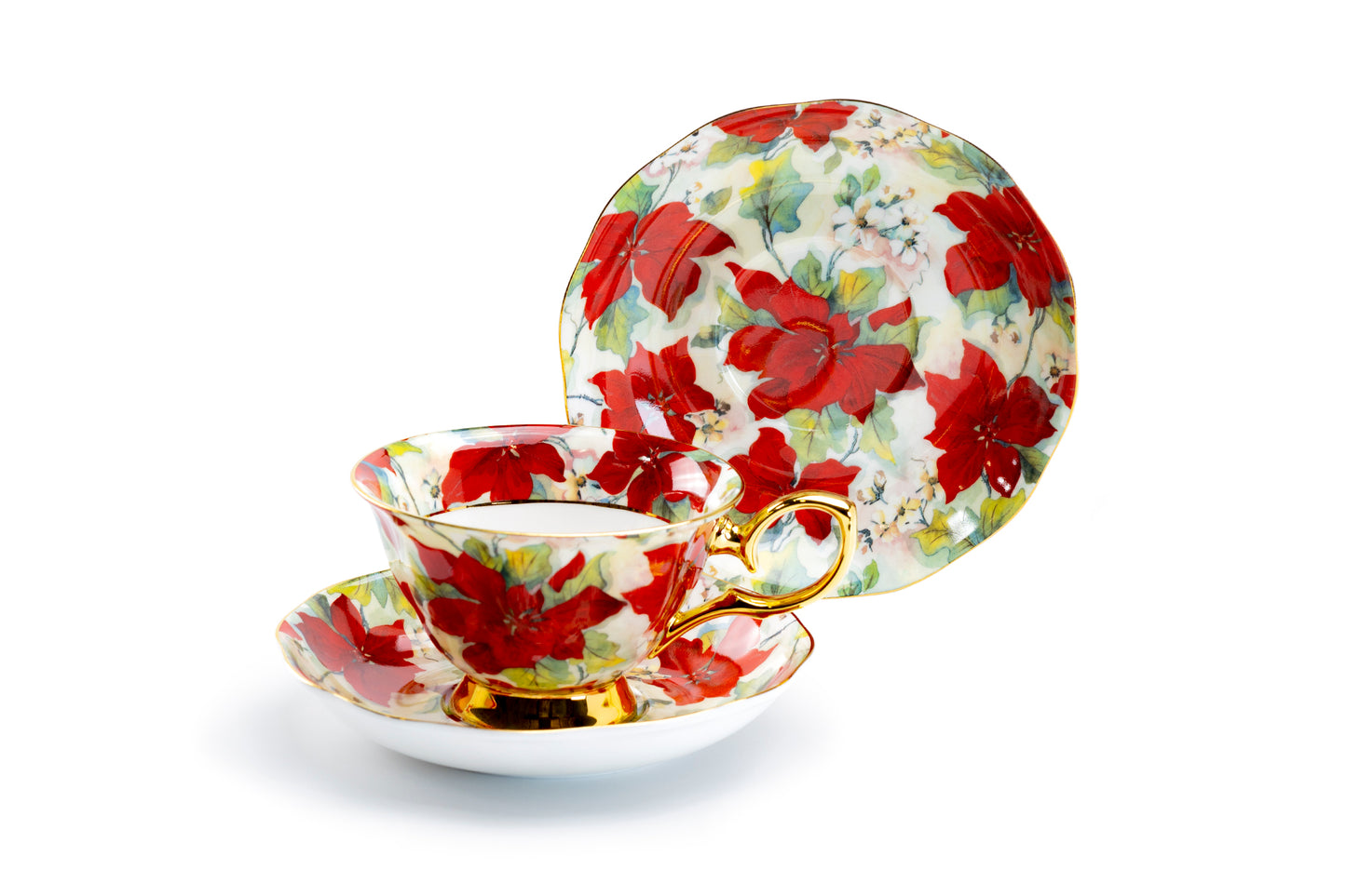 Stechcol Gracie Bone China Poinsettia Gold Bone China Tea Cup and Saucer Set