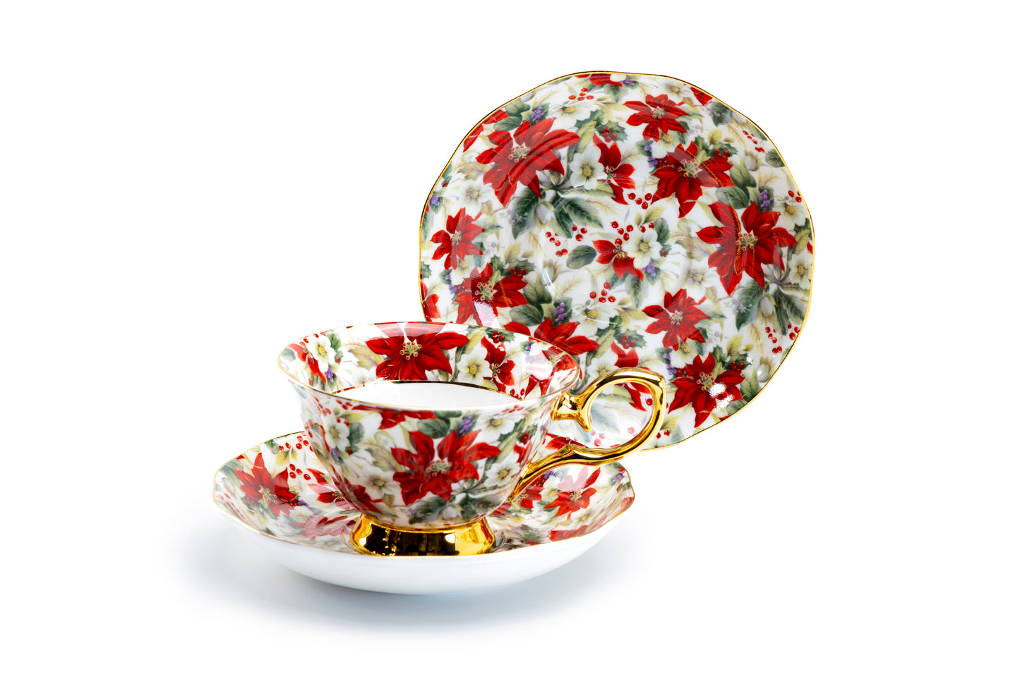 Stechcol Gracie Bone China Poinsettia Chintz Gold Bone China Tea Cup and Saucer Set